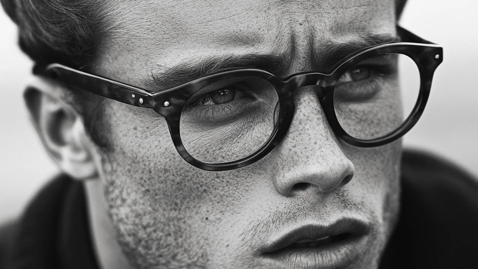 Close-up in zwart-wit van een jonge man met een ronde bril met schildpadmontuur.