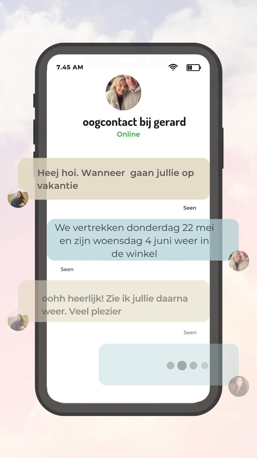 Wij kunnen even geen oogcontact hebben van 22 mei tot en met 3 juni. Appen & mailen kan natuurlijk altijd!😎🌴