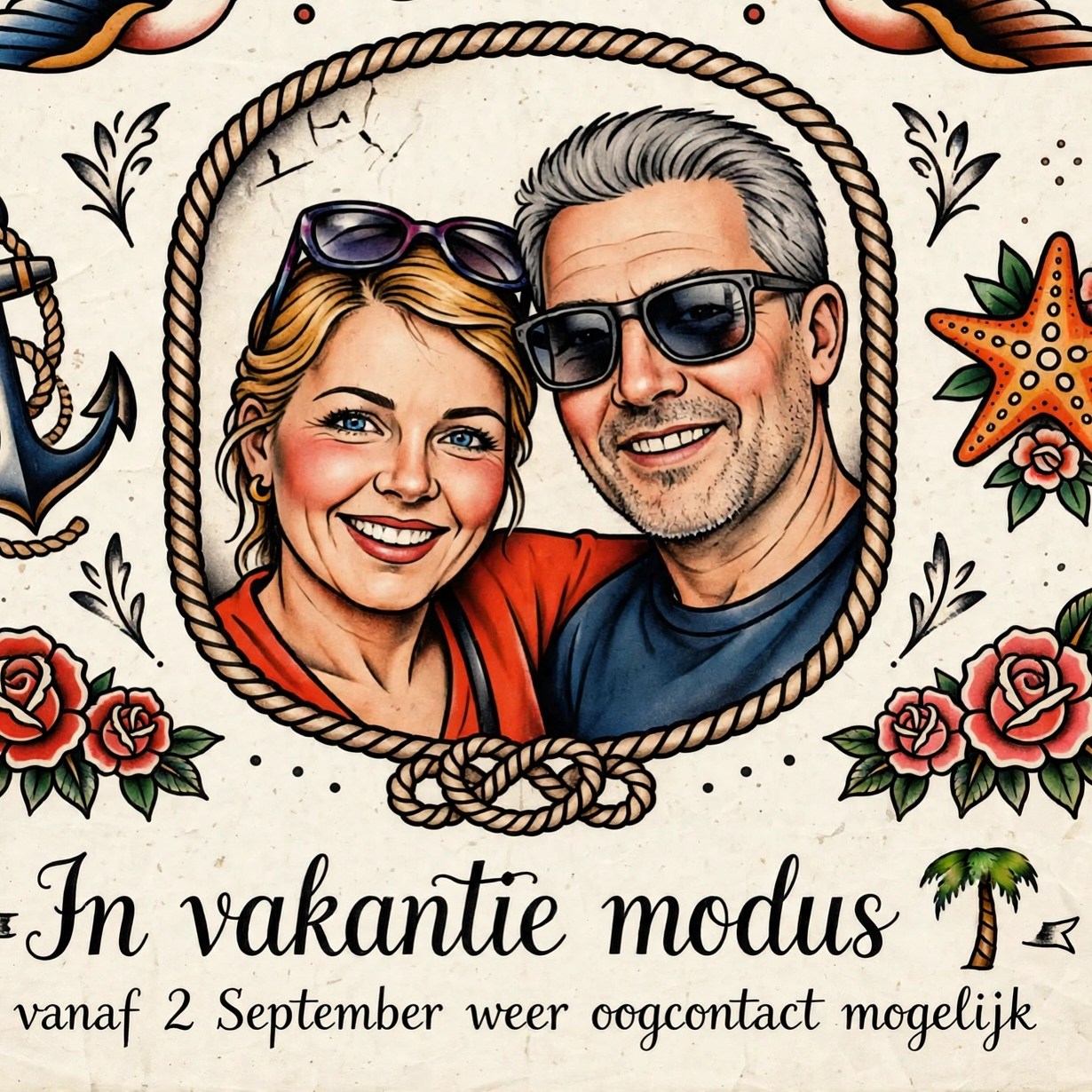 Onze AI generator heeft ons wel heel jong gemaakt😂, maar misschien zien we er wel  zo uit na onze 12-daagse vakantie. 
We gaan er even  tussenuit van 21 augustus tot en met 1 september. Tijd te nemen voor een goed glas wijn, lekkere tapas en het lezen van een boek. Vooral het laatste is heerlijk met onze gepersonaliseerde leesbrillen. We zijn wel bereikbaar per app & mail en zullen onze uiterste best doen om deze zo snel mogelijk te beantwoorden.
Uitgerust en wel, ontvangen we jullie graag weer vanaf 2 september.
Heb je nog lenzen nodig? Het kan nog, maar op te halen tot en met donderdag 20 augustus. Liefs G & G